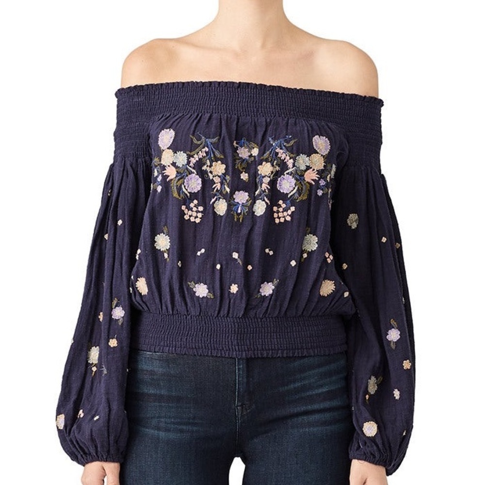 FREE PEOPLE Navy Saachi Smocked Top (101) - Picture 2 of 8